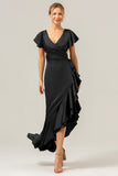 Olive A Line V Neck Satin Abito da damigella d'onore asimmetrico con fessura a balze
