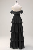 Eucalipto A linea Off the Spalla Tiered Pleted Abito da damigella d'onore lungo con fessura