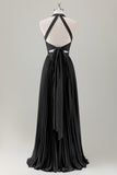 Grigio Blu A-Line Halter Abito da damigella d'onore lungo con fessura