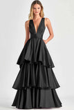 Fucsia A-Line V Neck Ruffles Abito lungo da cerimonia
