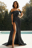 Oro Off The Spalla Guaina Metallico Raso Prom Dress con fessura