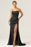 Sage Mermaid Spaghetti Straps Corsetto Abito da damigella d'onore in raso con fessura