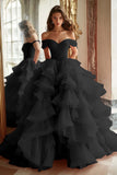 Principessa nera Off The Shoulder Tiered arruffato lungo Prom Dress