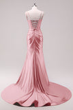 Fucsia sirena spaghetti spalline corsetto paillettes Prom Dress con fessura