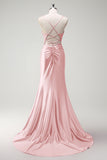 Sparkly Fucsia Mermaid Spaghetti Straps Corsetto in rilievo Satin Long Abito da cerimonia con fessura