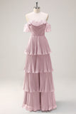Eucalipto A linea Off the Spalla Tiered Pleted Abito da damigella d'onore lungo con fessura