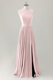 Grigio Blu A-Line Halter Abito da damigella d'onore lungo con fessura