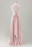 Grigio Blu A-Line Halter Abito da damigella d'onore lungo con fessura