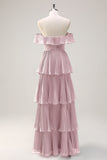 Eucalipto A linea Off the Spalla Tiered Pleted Abito da damigella d'onore lungo con fessura