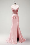 Sparkly Fucsia Mermaid Spaghetti Straps Corsetto in rilievo Satin Long Abito da cerimonia con fessura