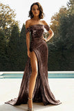 Oro Off The Spalla Guaina Metallico Raso Prom Dress con fessura