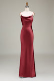 Dusty Blue guaina Spaghetti Straps Backless Satin Abito da damigella d'onore lungo