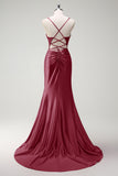 Sparkly Fucsia Mermaid Spaghetti Straps Corsetto in rilievo Satin Long Abito da cerimonia con fessura