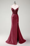 Sparkly Fucsia Mermaid Spaghetti Straps Corsetto in rilievo Satin Long Abito da cerimonia con fessura