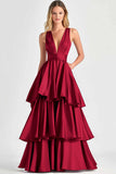 Fucsia A-Line V Neck Ruffles Abito lungo da cerimonia