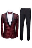Rosso 2 pezzi Jacquard Scialle Risvolto Abiti da sposa da uomo