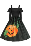 Halloween zucca stampata nera spalla fredda VIntage Dress