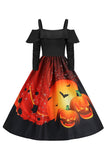Halloween zucca stampata nera spalla fredda VIntage Dress