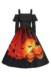 Halloween zucca stampata nera spalla fredda VIntage Dress
