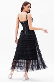 Abito da festa corsetto corsetto a balze in tulle nero A-Line