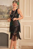 Glitter Nero Verde Paillettes Frange 1920s Gatsby Dress
