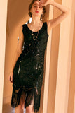 Scintillante nero guaina dorata paillettes 1920s Flapper Dress con frangia