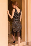 Scintillante nero guaina dorata paillettes 1920s Flapper Dress con frangia