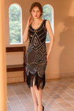 Scintillante nero guaina dorata paillettes 1920s Flapper Dress con frangia