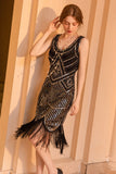 Scintillante nero guaina dorata paillettes 1920s Flapper Dress con frangia