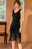 Scintillante nero guaina dorata paillettes 1920s Flapper Dress con frangia