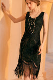 Scintillante nero guaina dorata paillettes 1920s Flapper Dress con frangia