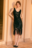 Scintillante nero guaina dorata paillettes 1920s Flapper Dress con frangia