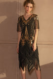 Sparkly nero dorato maniche corte scollo a V paillettes 1920s Gatsby Dress con frange