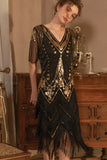 Sparkly nero dorato maniche corte scollo a V paillettes 1920s Gatsby Dress con frange