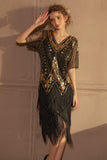 Sparkly nero dorato maniche corte scollo a V paillettes 1920s Gatsby Dress con frange