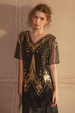 Sparkly nero dorato maniche corte scollo a V paillettes 1920s Gatsby Dress con frange