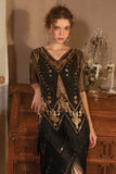 Sparkly nero dorato maniche corte scollo a V paillettes 1920s Gatsby Dress con frange