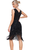 Scintillante nero paillettes V-Neck 1920s Flapper Dress con frange