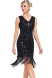 Scintillante nero paillettes V-Neck 1920s Flapper Dress con frange