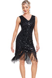 Scintillante nero paillettes V-Neck 1920s Flapper Dress con frange