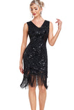 Scintillante nero paillettes V-Neck 1920s Flapper Dress con frange