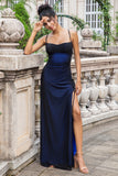 Nero Blu Spaghetti Straps Sirena Plissettato Abito Lungo Damigella d'Onore con Fessura