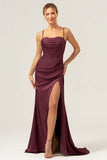 Sage Mermaid Spaghetti Straps Corsetto Abito da damigella d'onore in raso con fessura