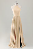 Grigio Blu A-Line Halter Abito da damigella d'onore lungo con fessura