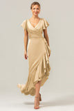Olive A Line V Neck Satin Abito da damigella d'onore asimmetrico con fessura a balze