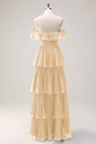 Eucalipto A linea Off the Spalla Tiered Pleted Abito da damigella d'onore lungo con fessura