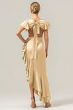 Olive A Line V Neck Satin Abito da damigella d'onore asimmetrico con fessura a balze