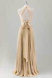 Grigio Blu A-Line Halter Abito da damigella d'onore lungo con fessura