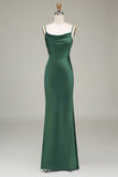 Dusty Blue guaina Spaghetti Straps Backless Satin Abito da damigella d'onore lungo