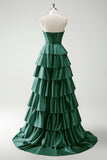 Verde Sweetheart Principessa Satin Tiered Corsetto Lungo Abito da cerimonia con fessura